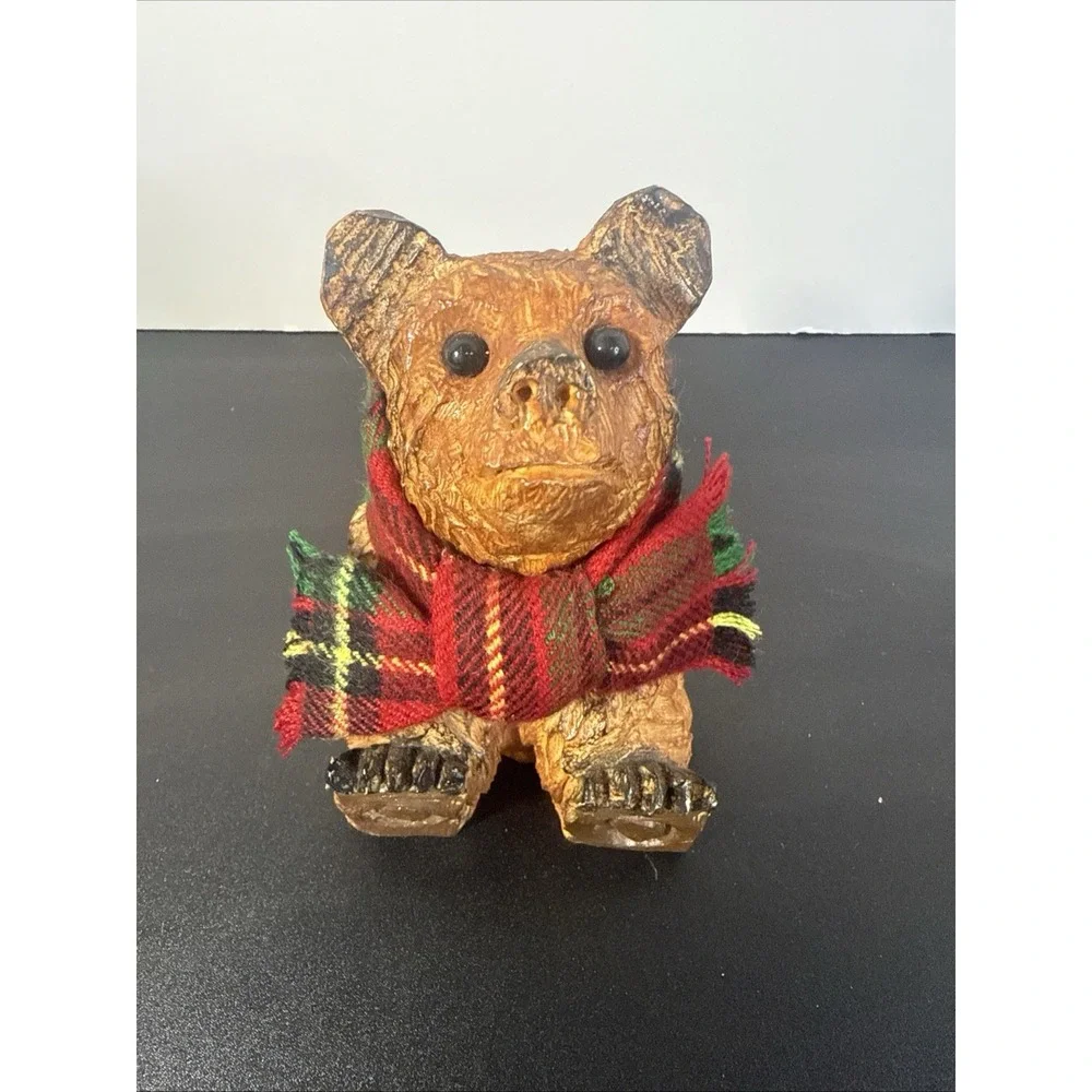 Grizzly Bear Figure Carved‎ Look Resin Wearing A Plaid Scarf Pre Owned